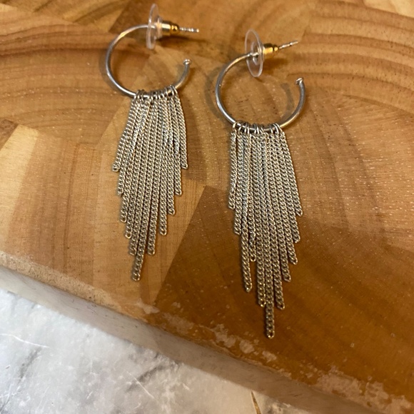 * hoop earrings fringe long dangle silver tone chain style open hoop disco - Picture 2 of 4